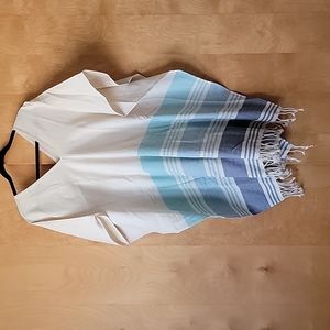 Tribe Alive Fringe Coverup, V-neck Caftan Natural/Blue/Lt. Blue